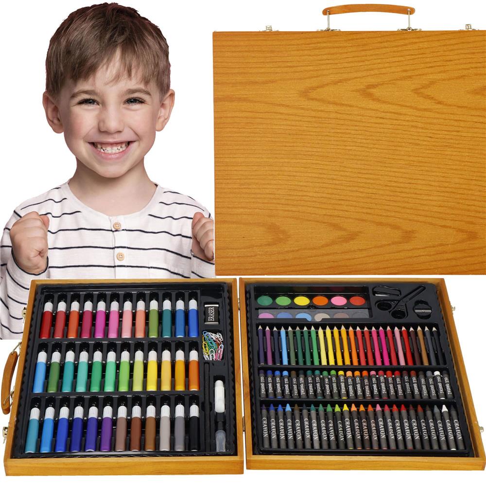 Set de pictura si desen pentru copii, 150 de piese, trusa lemn maro