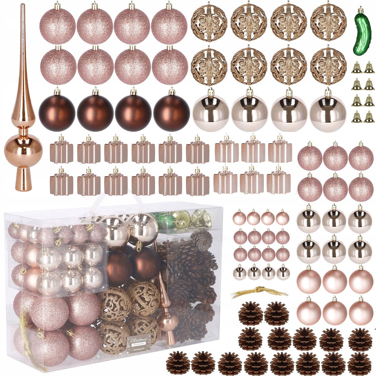 Set globuri si decoratiuni de Craciun, 101 piese, diverse dimensiuni, roz auriu