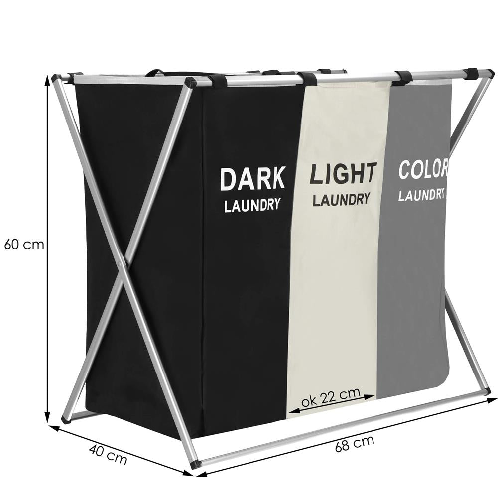 Cos de rufe cu 3 compartimente, cadru aluminiu, 68x40x60cm, 146 litri