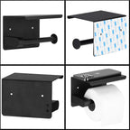 Suport hartie igienica din otel cu raft depozitare, prindere fara gaurire, 14cm, negru