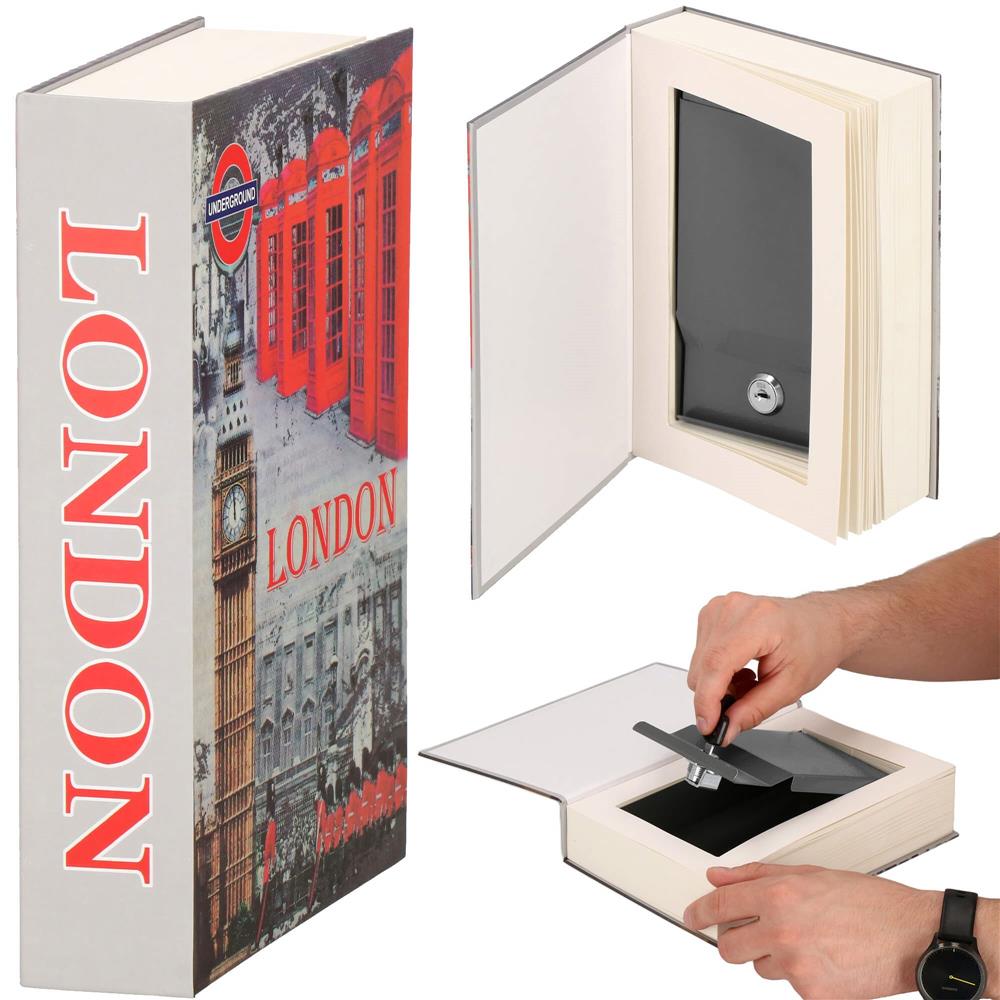 Caseta de valori, cutie metalica cu cheie, portabila, tip carte, London, 22x15.5x4.5 cm