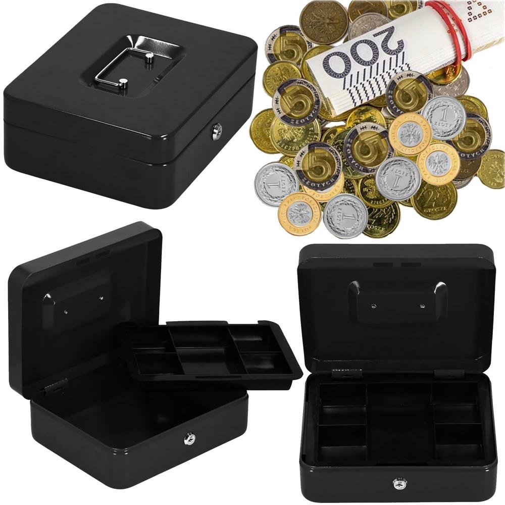 Caseta pentru bani tip cutie de valori, compartimentanta, cu cheie, metal, 30x24x9cm, negru