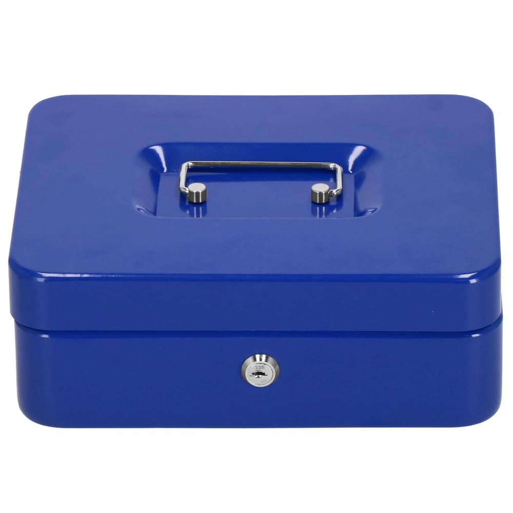 Caseta pentru bani tip cutie de valori, compartimentanta, cu cheie, metal, 25x20x9cm, albastru