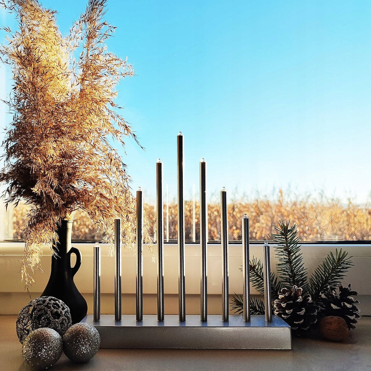 Lumanari decorative de Craciun, 9 becuri tip LED, culoare argintiu