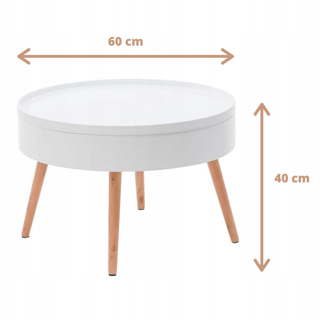 Masuta de cafea rotunda 60x40 cm, cu blat detasabil si spatiu depozitare, picioare din lemn de pin, alba