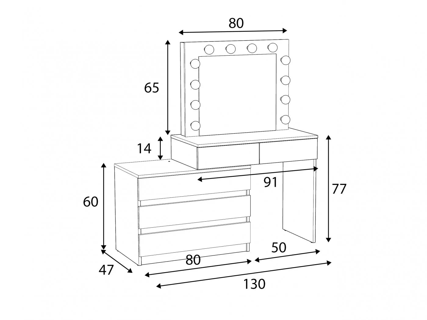 Masa de toaleta si machiaj colt Carla cu oglinda 12 LED si comoda 5 sertare, montaj stanga/dreapta, alb