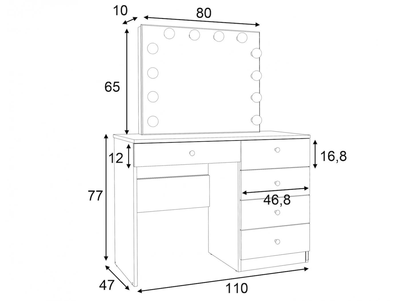Masa de toaleta si machiaj Cristal Full cu oglinda LED si 5 sertare, 110x47x77 cm, alb