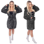 Halat de baie pentru femei pana la genunchi, cu gluga, marimea L/XL, gri inchis