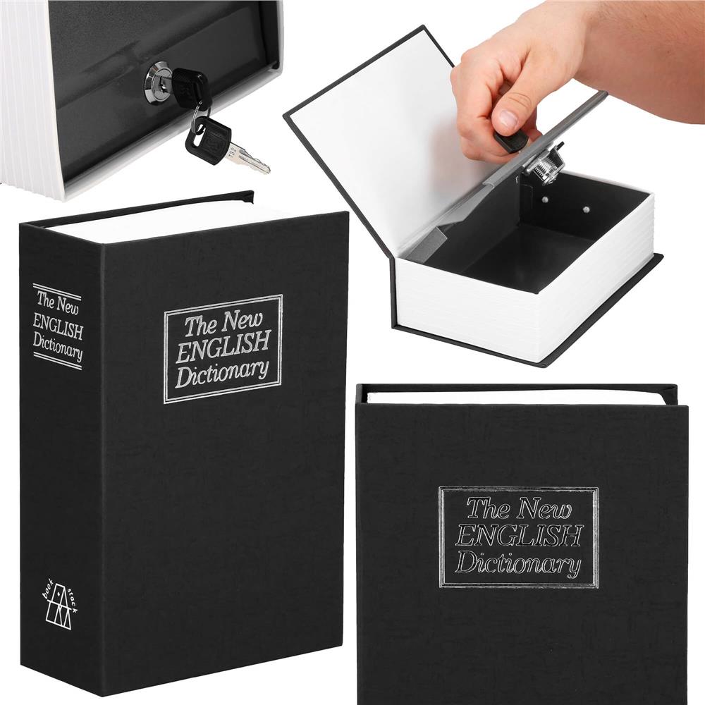 Caseta de valori, cutie metalica cu cheie, portabila, tip carte, Dictionar, negru, 24x15.5x5.5 cm