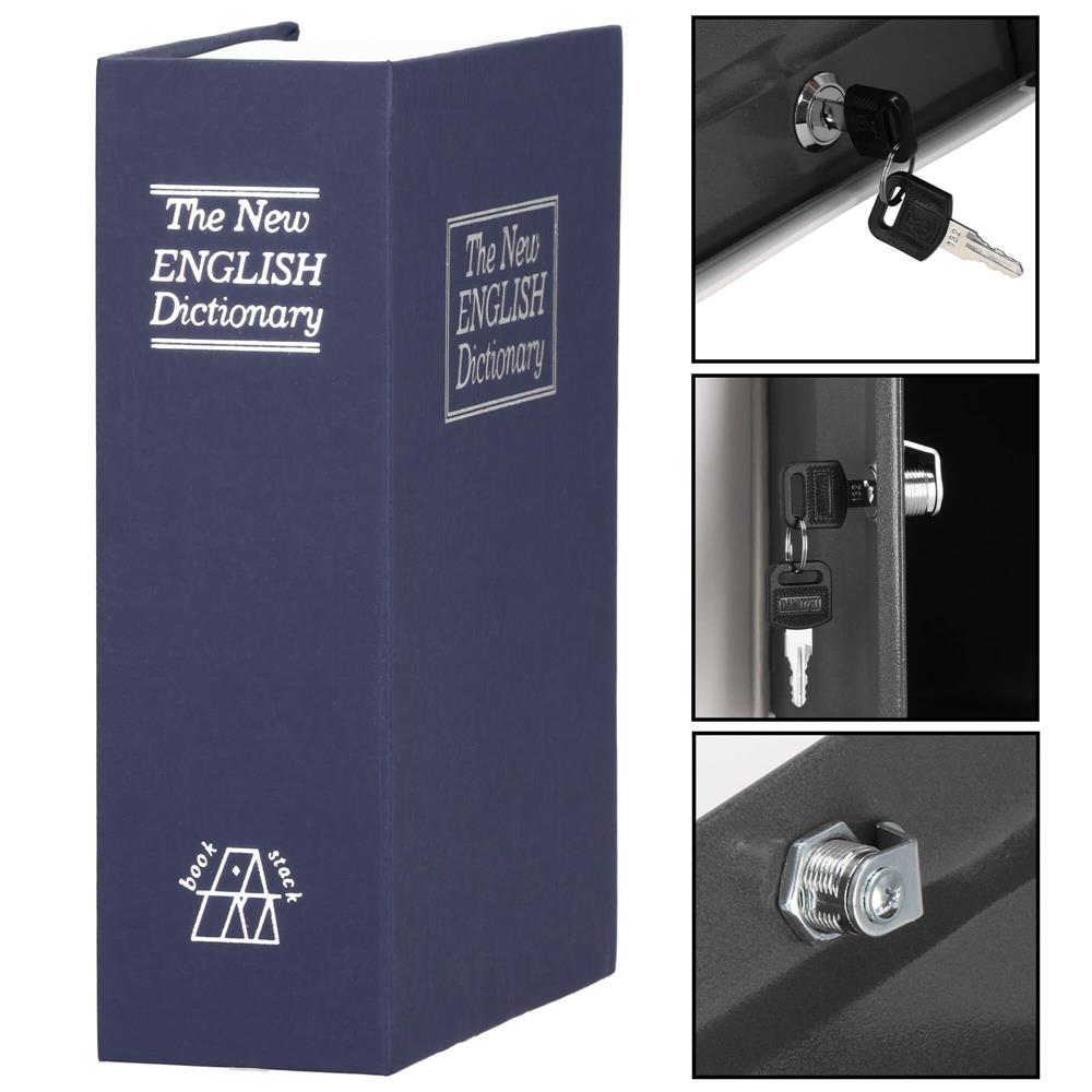 Caseta de valori, cutie metalica cu cheie, portabila, tip carte, Dictionar, albastru, 18x11.5x5.5 cm