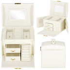 (DL) Cutie depozitare si organizare bijuterii, MDF, piele ecologica, 17,5 x 12 x 13,5 cm., crem