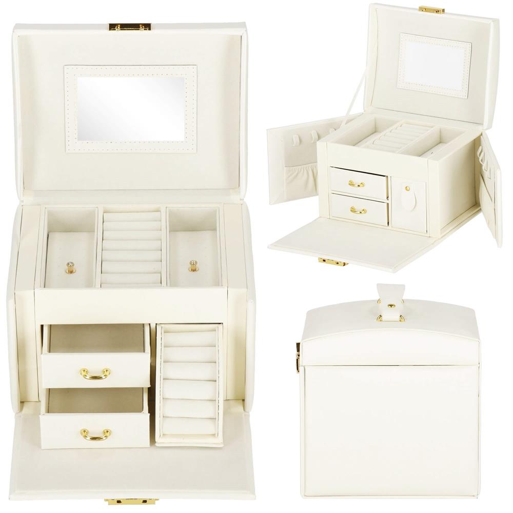 (DL) Cutie depozitare si organizare bijuterii, MDF, piele ecologica, 17,5 x 12 x 13,5 cm., crem