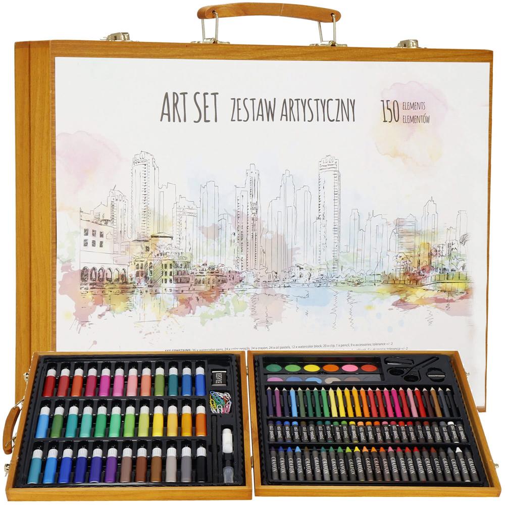 Set de pictura si desen pentru copii, 150 de piese, trusa lemn maro