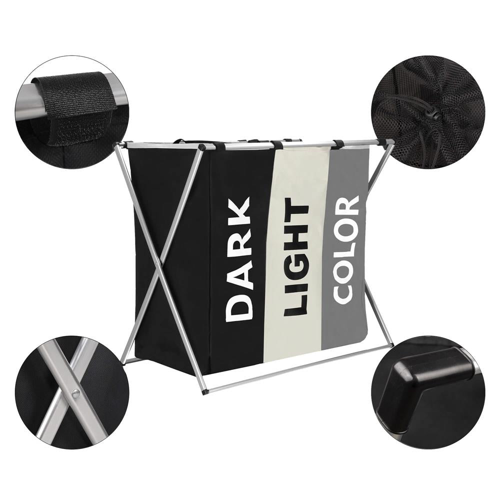 Cos de rufe cu 3 compartimente, cadru aluminiu, 60x40x68cm, 146 litri