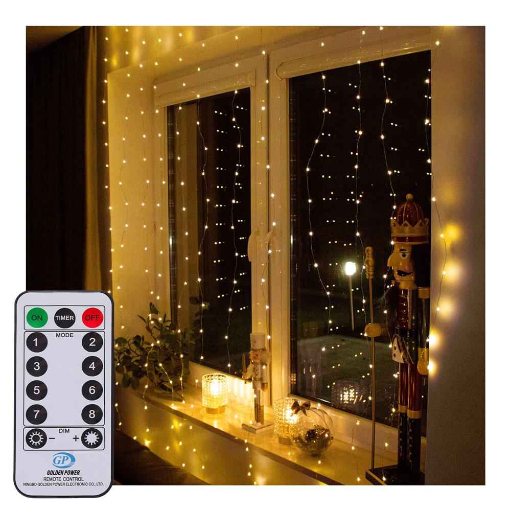 Perdea luminoasa 300 LED-uri, 3m, pentru interior/exterior, telecomanda, iluminare galbena