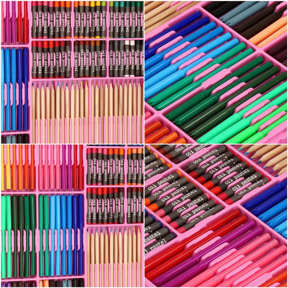 Set de pictura si desen pentru copii, 258 de piese, trusa plastic roz