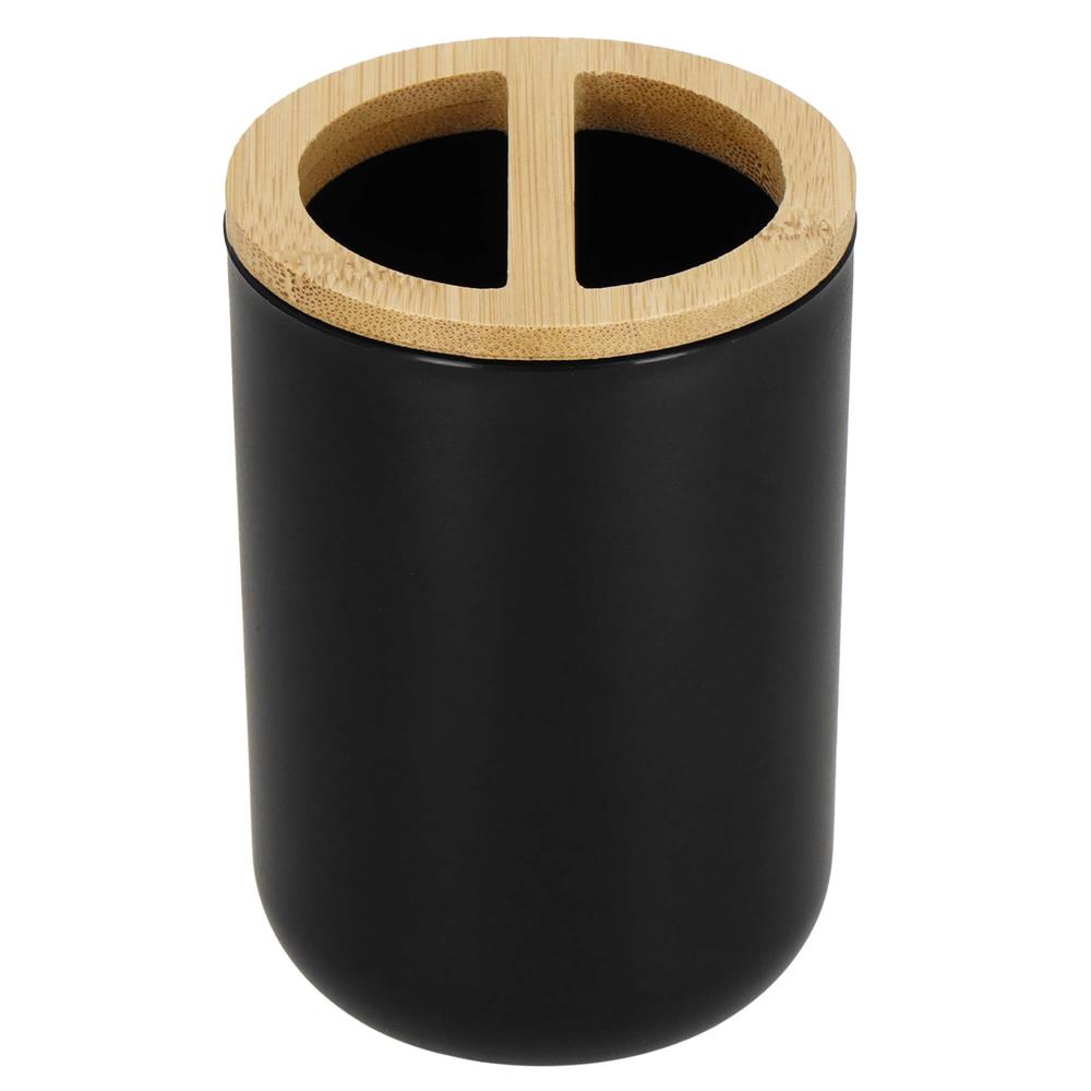 Set de accesorii rotunde pentru baie din plastic cu elemente bambus, 6 piese, negru