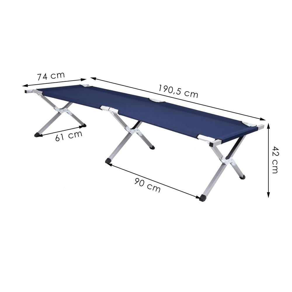 Pat pliant pentru camping, structura metalica, 190x74x42cm, 150kg, albastru marin