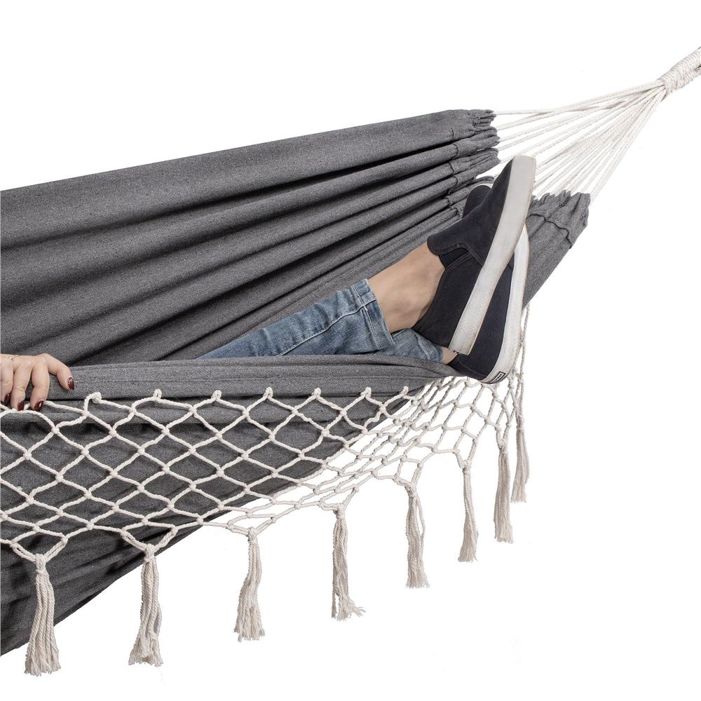 Hamac doua persoane cu franjuri si 2 perne, 200kg, 200×150 cm, gri inchis