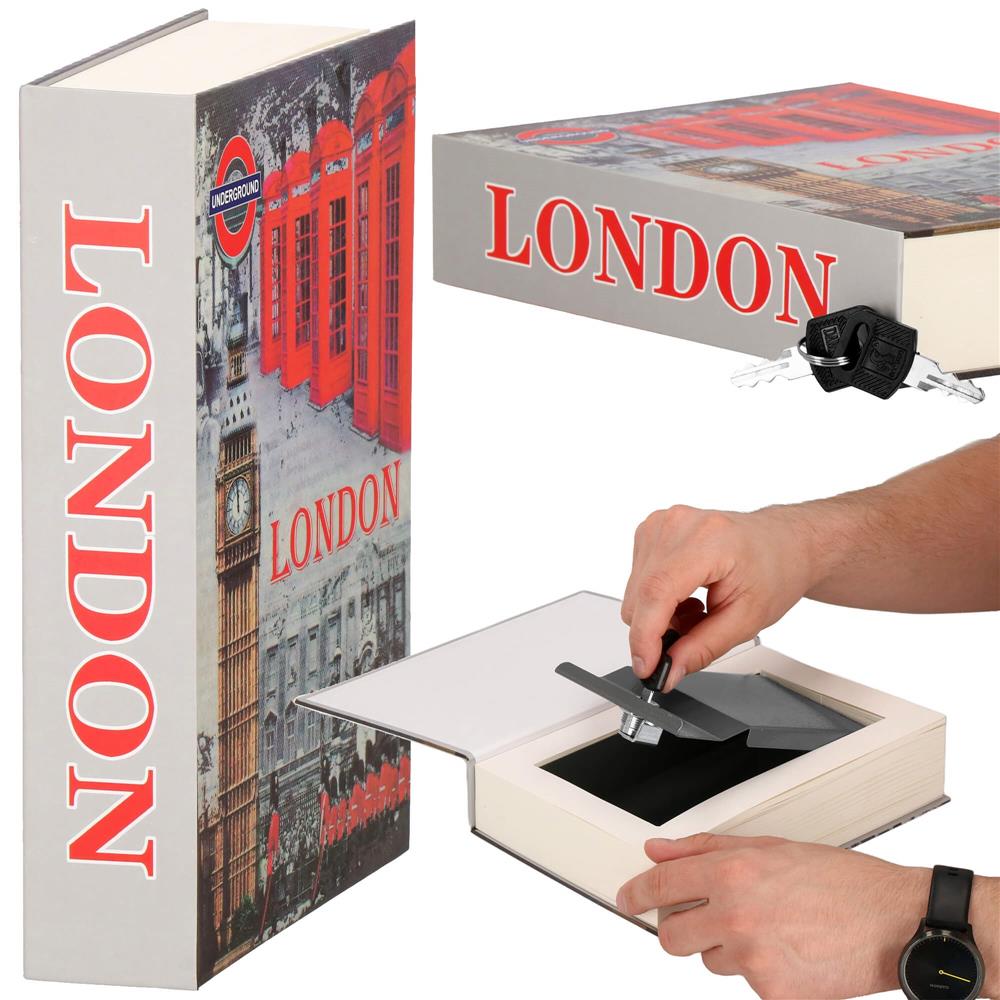 Caseta de valori, cutie metalica cu cheie, portabila, tip carte, London, 22x15.5x4.5 cm