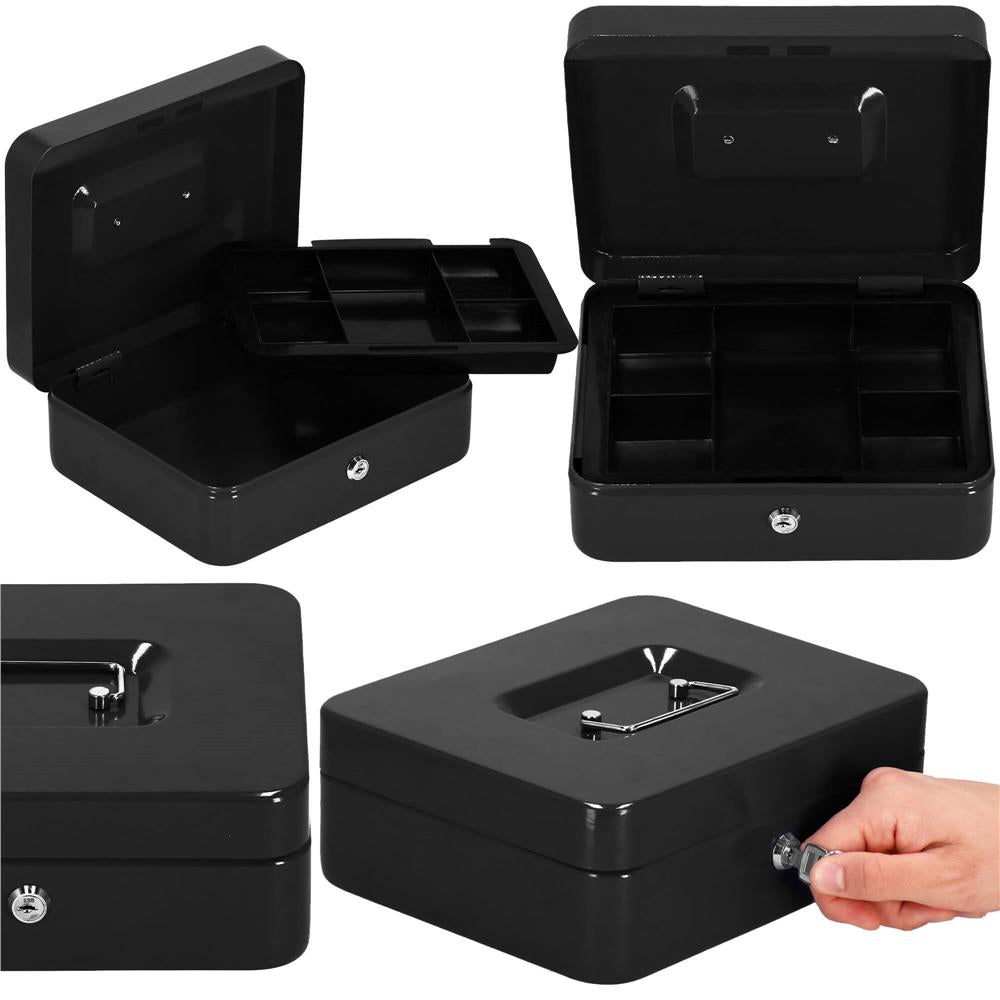 Caseta pentru bani tip cutie de valori, compartimentanta, cu cheie, metal, 25x20x9cm, negru