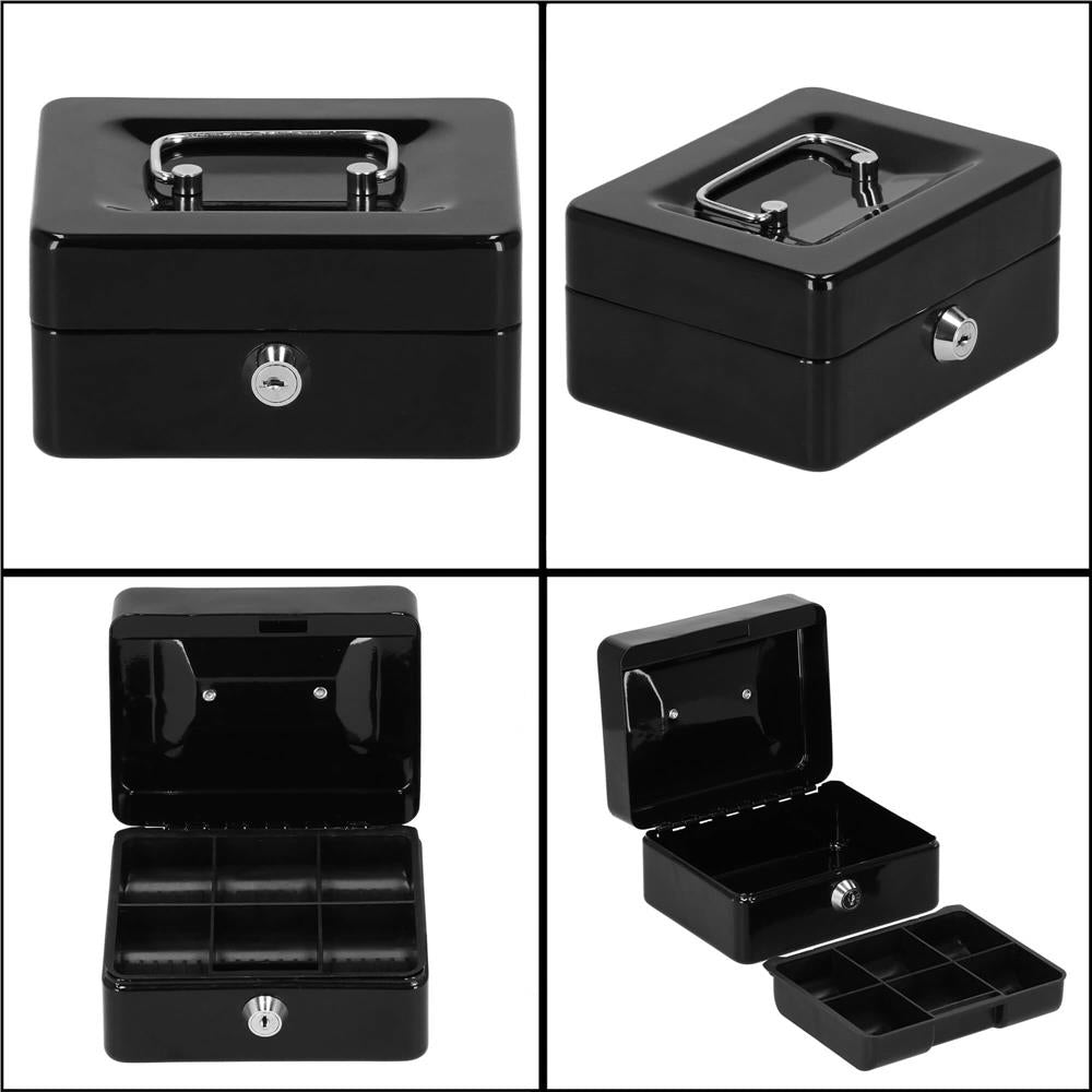 Caseta pentru bani tip cutie de valori, compartimentanta, cu cheie, metal, 15x12x8cm, negru