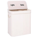 Cos de rufe din bambus cu capac, 2 compartimente, sac detasabil, volum 100L, 54x35x60cm, alb