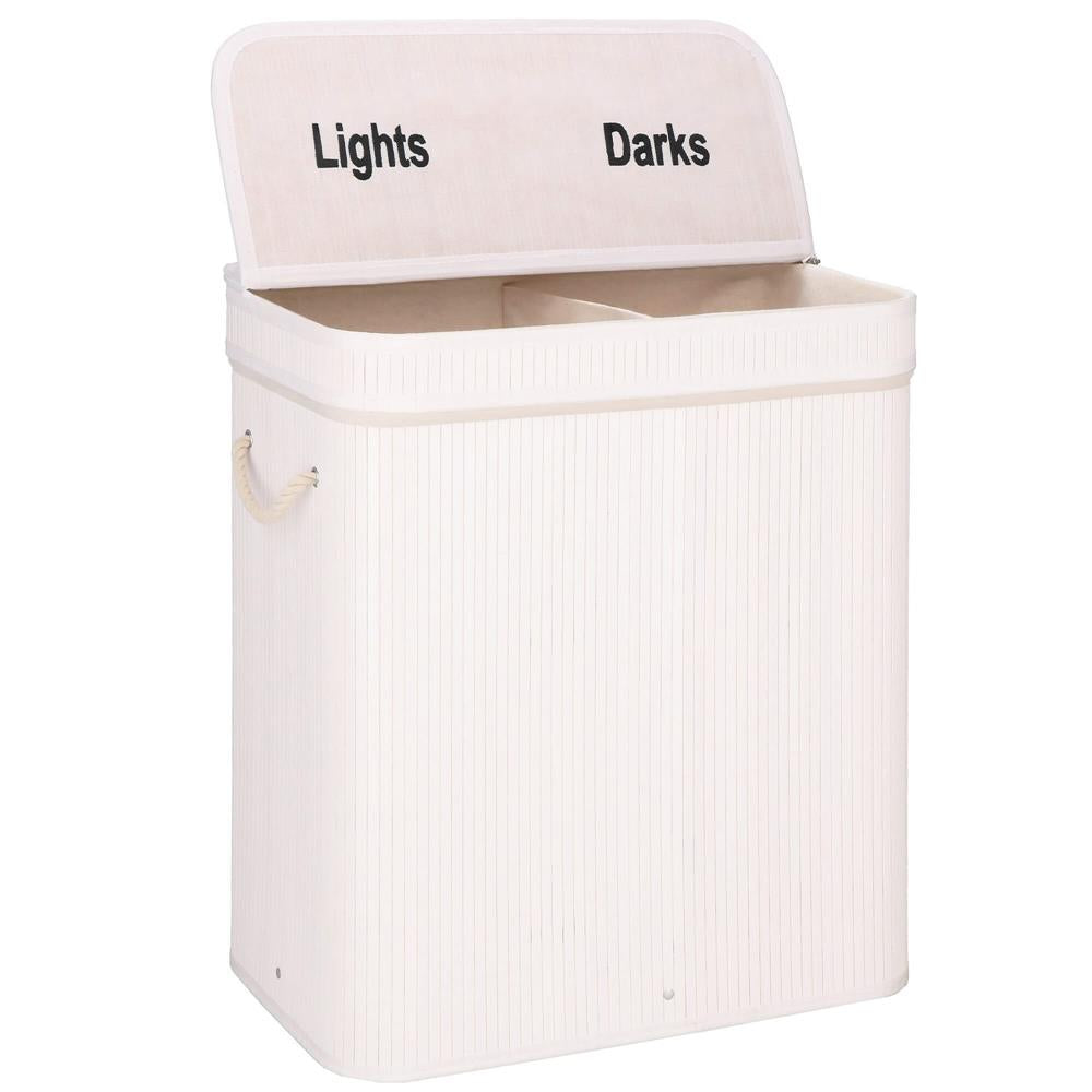 Cos de rufe din bambus cu capac, 2 compartimente, sac detasabil, volum 100L, 54x35x60cm, alb