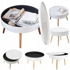 Masuta de cafea rotunda 60x40 cm, cu blat detasabil si spatiu depozitare, picioare din lemn de pin, alba