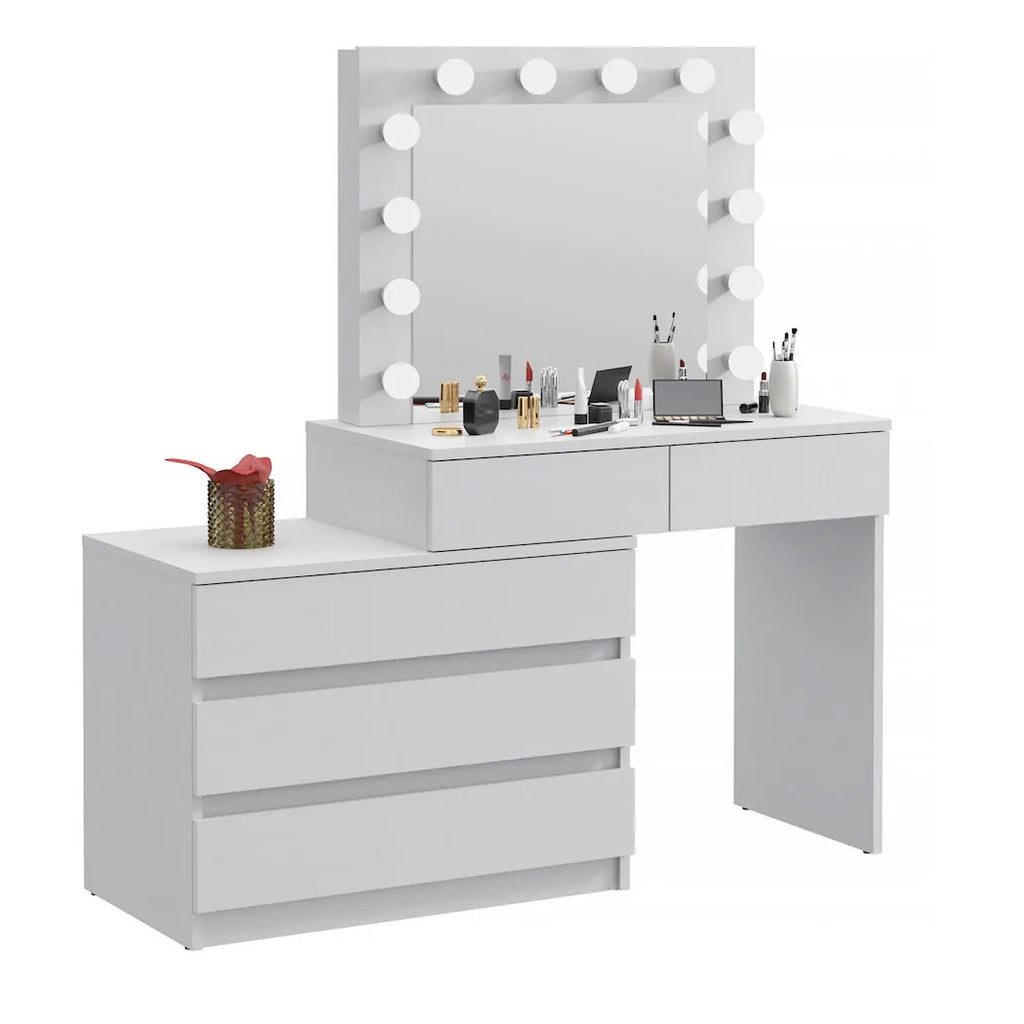 Masa de toaleta si machiaj colt Carla cu oglinda 12 LED si comoda 5 sertare, montaj stanga/dreapta, alb