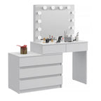 Masa de toaleta si machiaj colt Carla cu oglinda 12 LED si comoda 5 sertare, montaj stanga/dreapta, alb