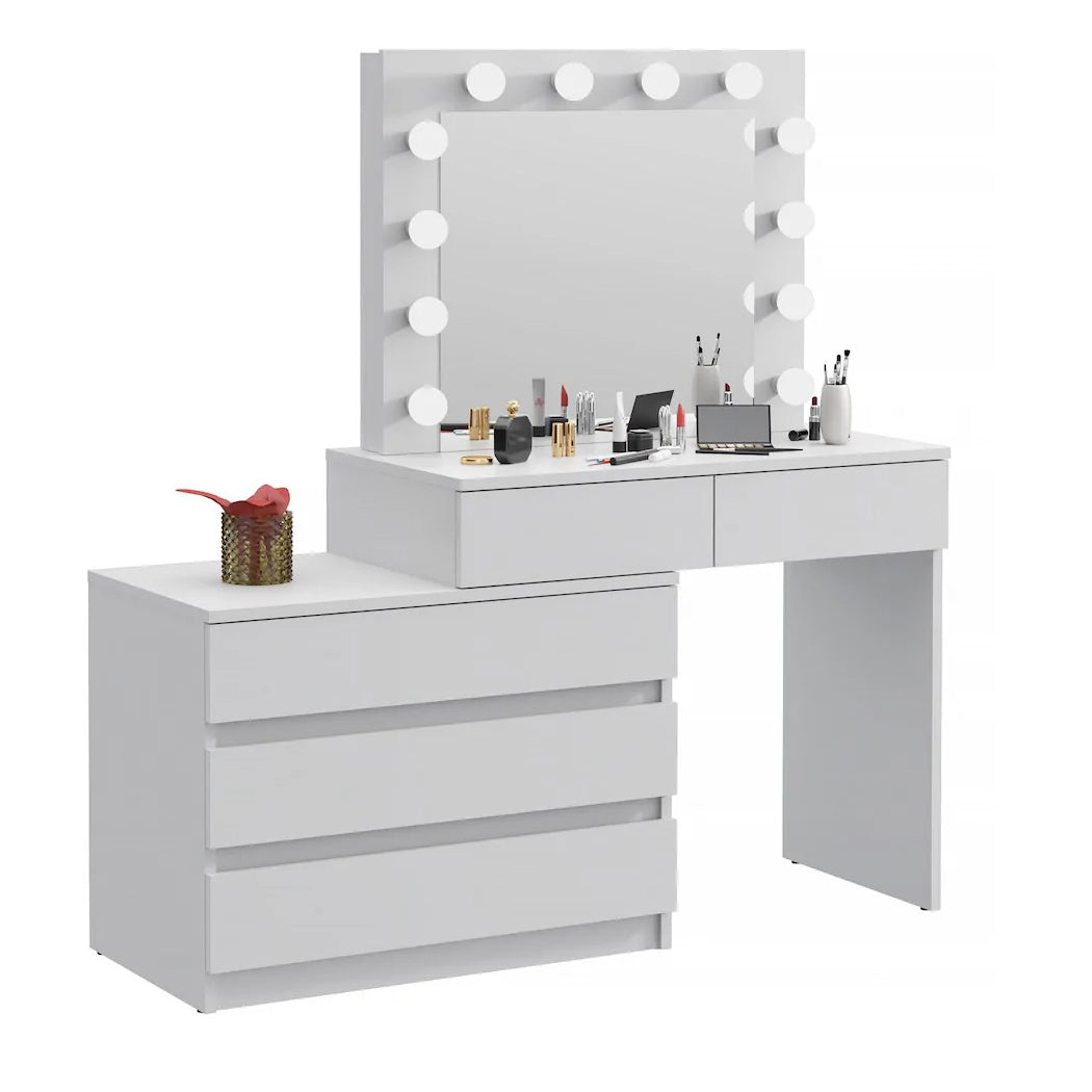 Masa de toaleta si machiaj colt Carla cu oglinda 12 LED si comoda 5 sertare, montaj stanga/dreapta, alb