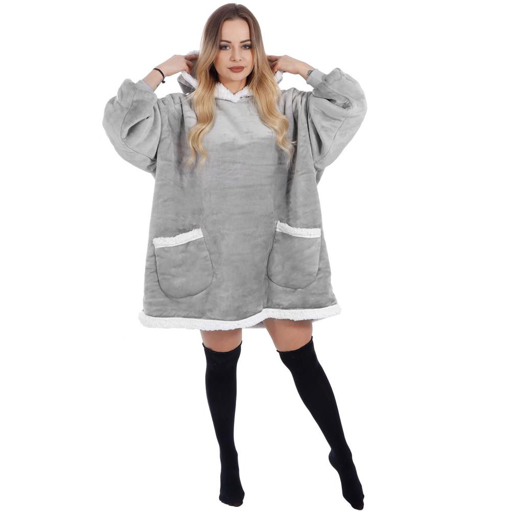 Patura tip hanorac, cu maneci, gluga si buzunare, material plus, marime universala, gri