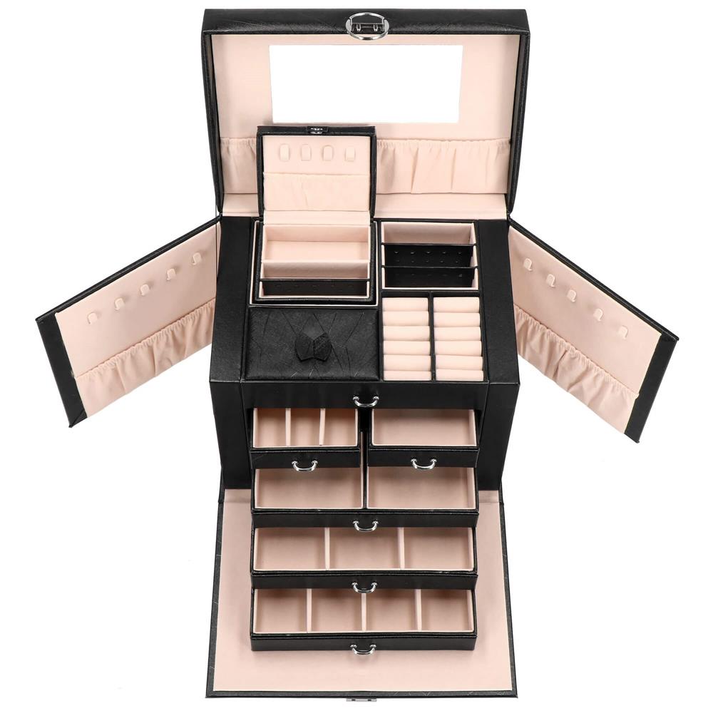 Cutie depozitare si organizare bijuterii, piele ecologica + velur, 26 x 21,5 x 19 cm, negru