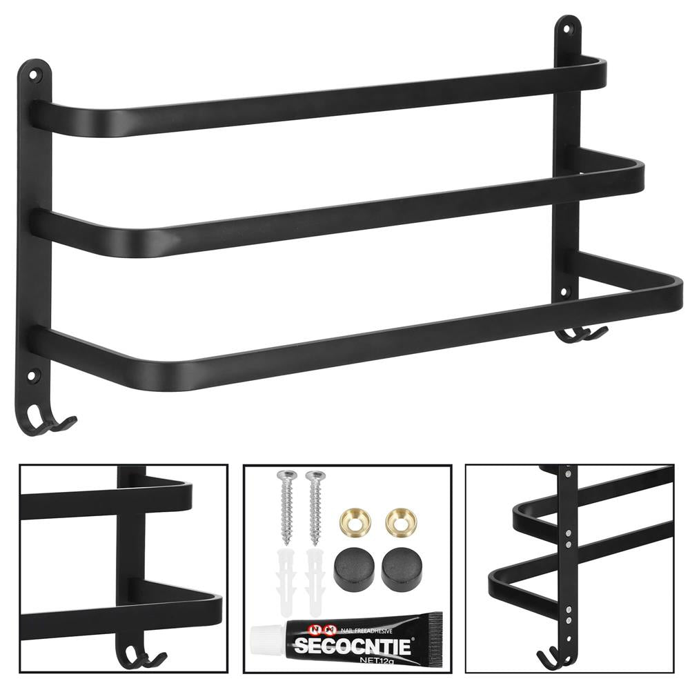 Suport prosoape pentru baie cu 2 sisteme de instalare, 3 brate, din aluminiu, 49x25cm, negru