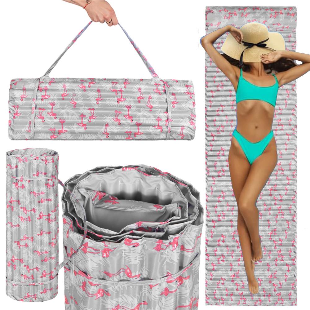 Saltea pentru plaja pliabila, din spuma, ultra-usoara, cu perna si maner de transport, 60x180cm, gri flamingo roz