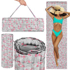 Saltea pentru plaja pliabila, din spuma, ultra-usoara, cu perna si maner de transport, 60x180cm, gri flamingo roz