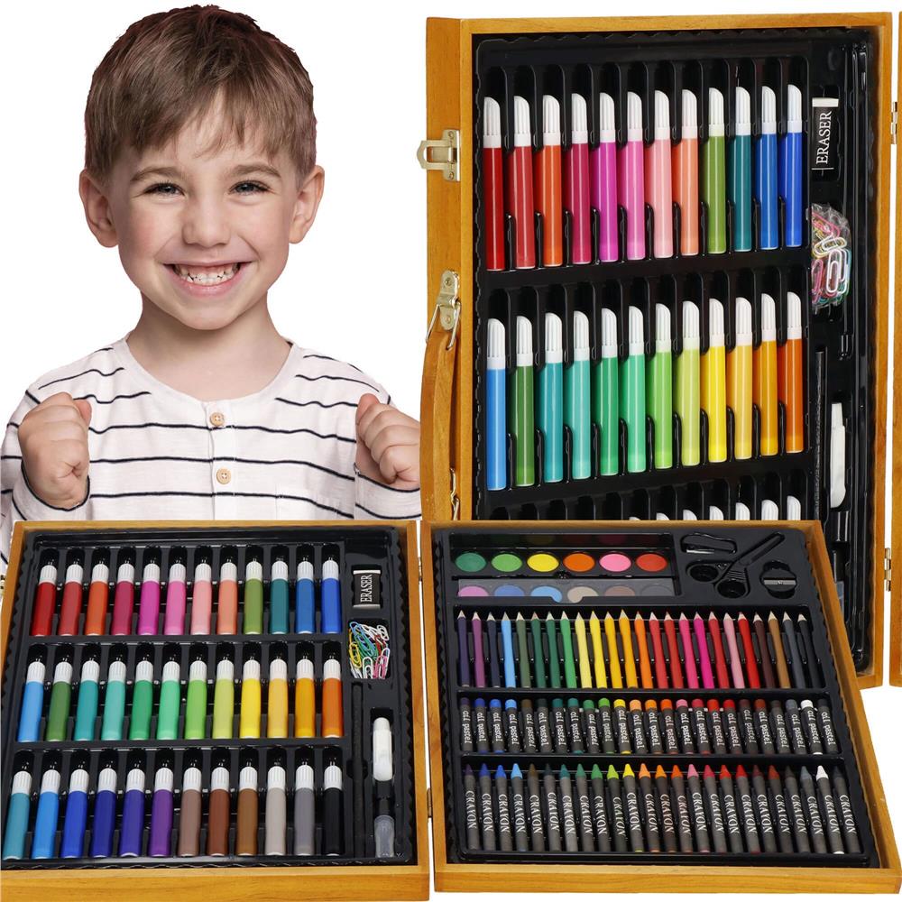 Set de pictura si desen pentru copii, 150 de piese, trusa lemn maro