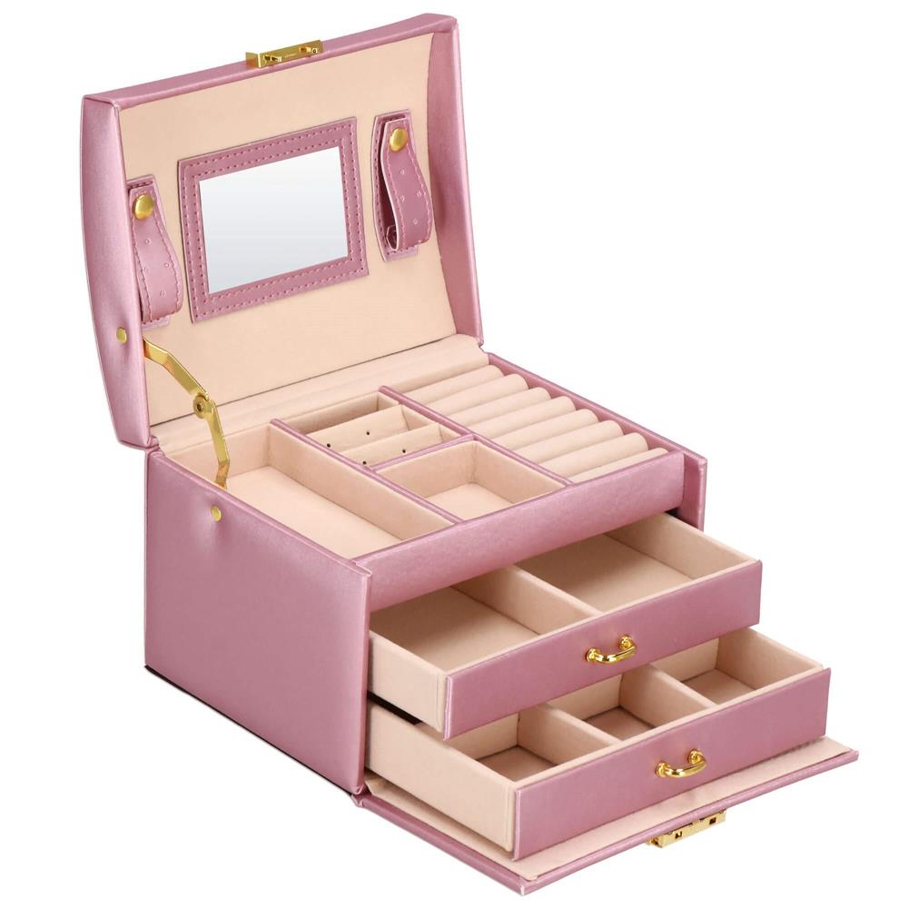 (DL) Cutie depozitare si organizare bijuterii, MDF, piele ecologica si velur, 17,5 x 14 x 12,5cm, roz
