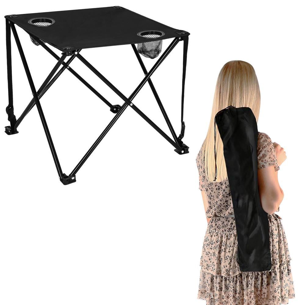 Masa plianta camping sau pescuit, cu 2 suporturi pahar, 46x46x45 cm, negru