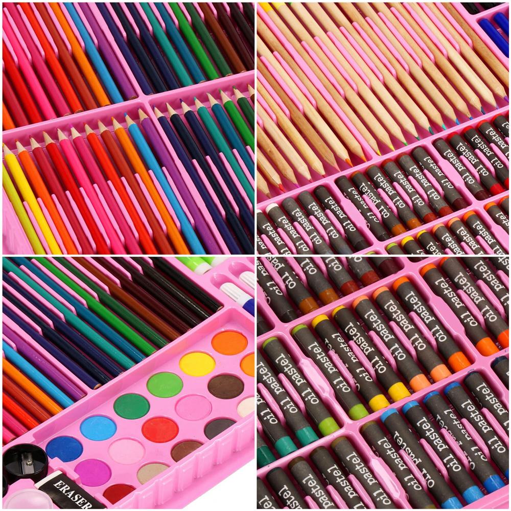 Set de pictura si desen pentru copii, 258 de piese, trusa plastic roz