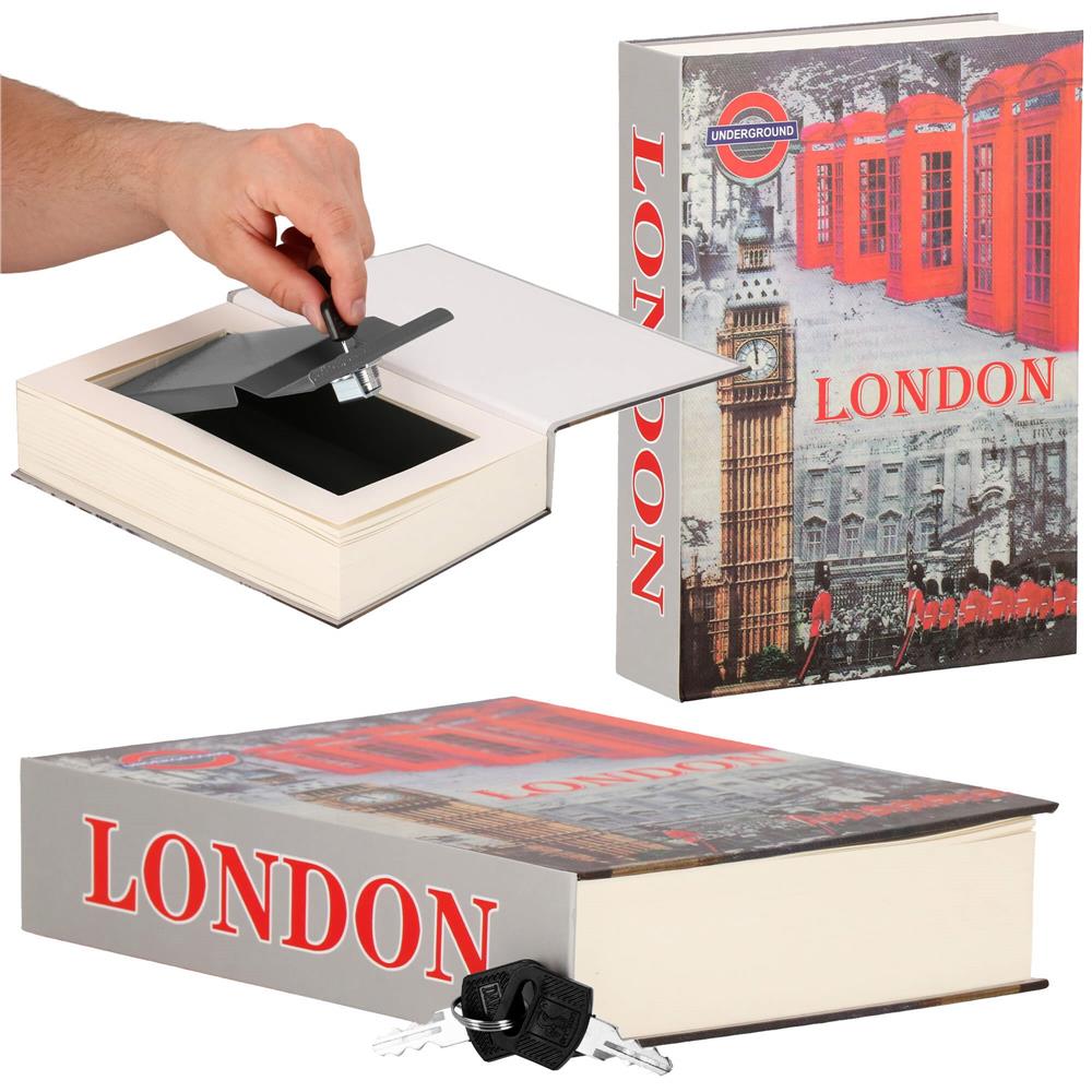 Caseta de valori, cutie metalica cu cheie, portabila, tip carte, London, 22x15.5x4.5 cm