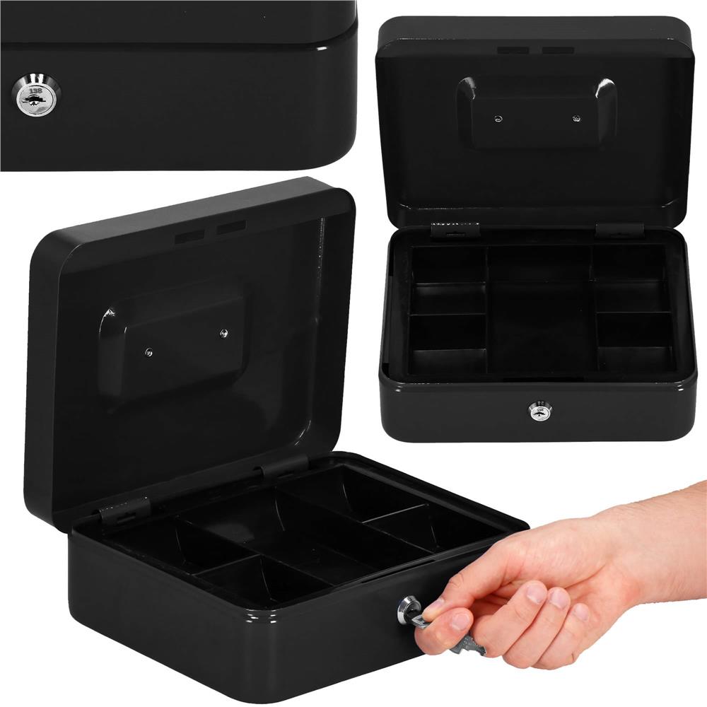 Caseta pentru bani tip cutie de valori, compartimentanta, cu cheie, metal, 25x20x9cm, negru