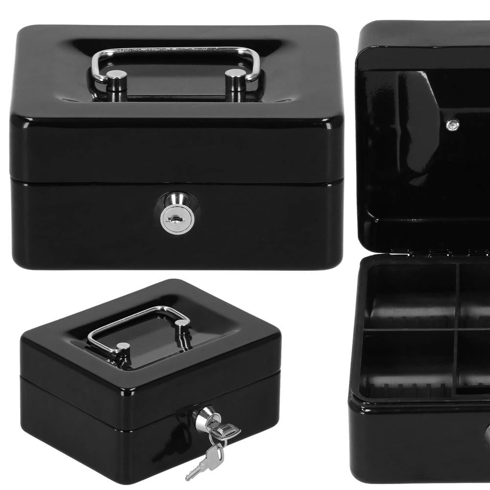 Caseta pentru bani tip cutie de valori, compartimentanta, cu cheie, metal, 15x12x8cm, negru