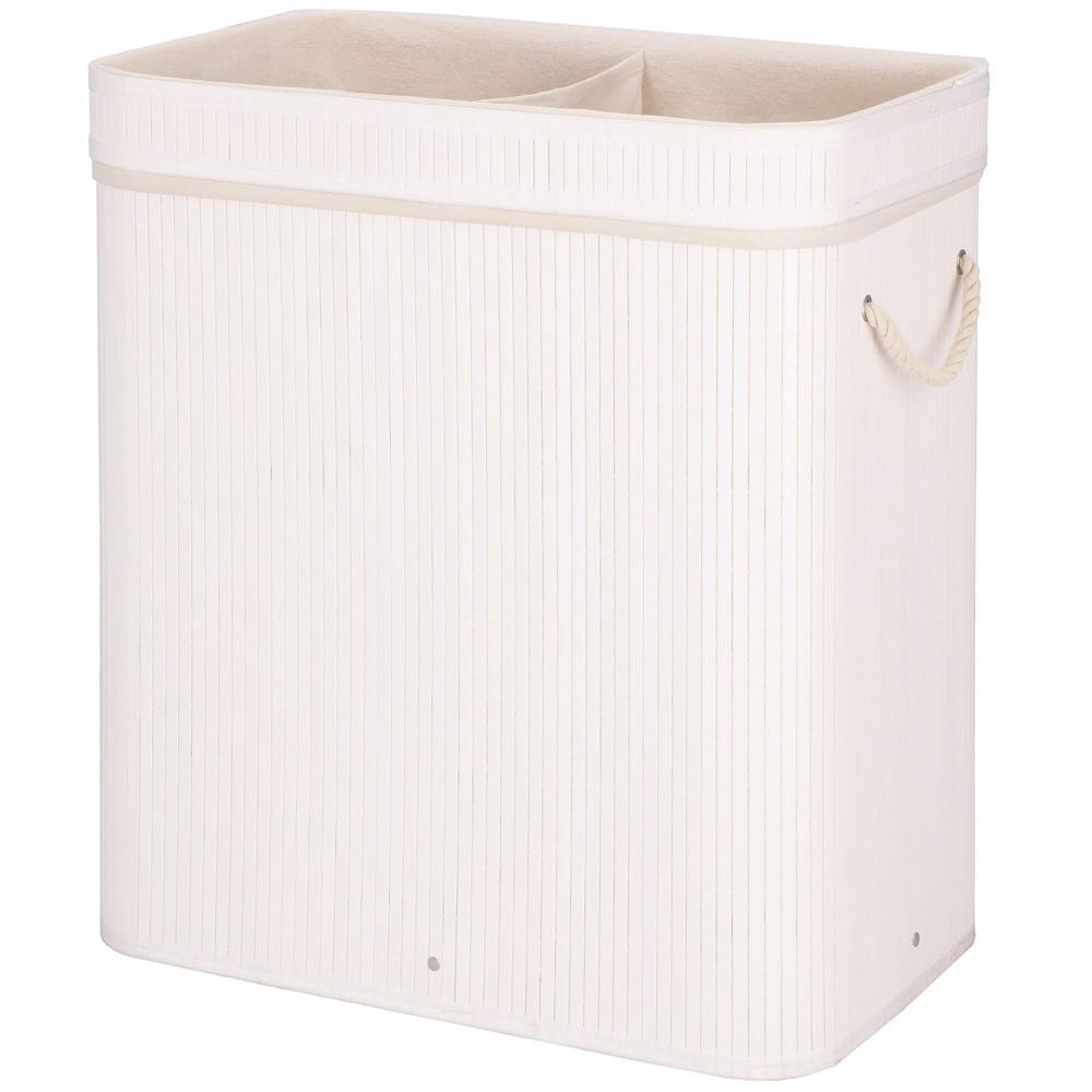 Cos de rufe din bambus cu capac, 2 compartimente, sac detasabil, volum 100L, 54x35x60cm, alb