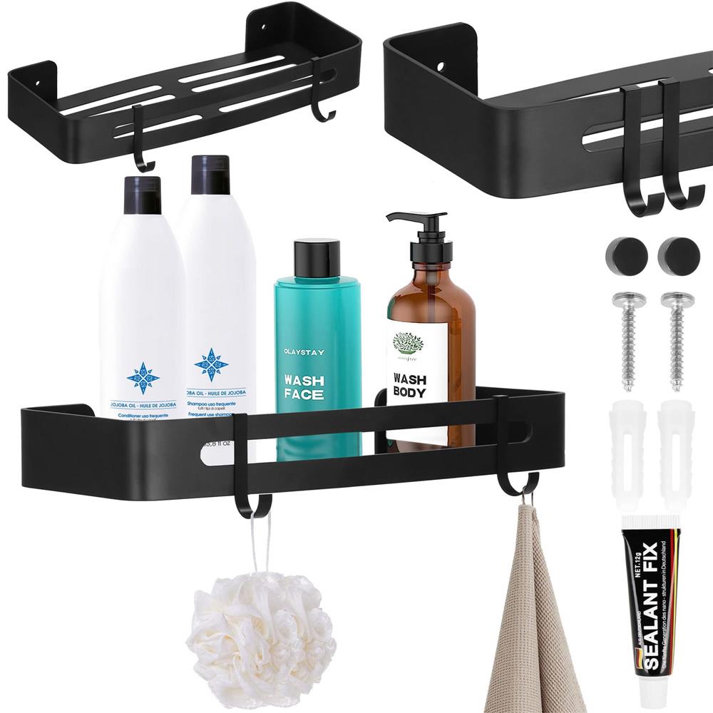 Raft de baie cu 2 agatatori, 2 sisteme instalare pe perete, aluminiu, 32x12x4cm, negru