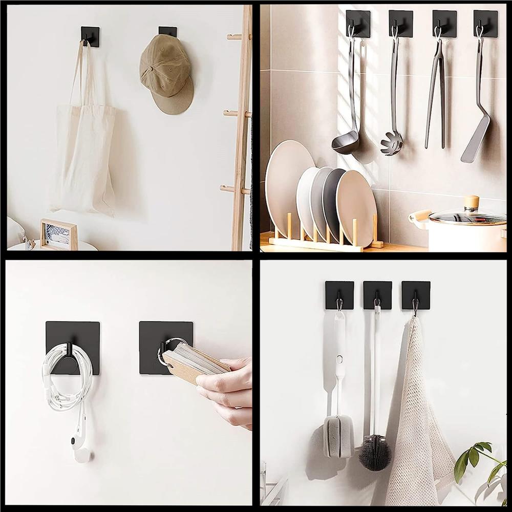 Set 4 agatatori tip cuier pentru baie, sistem fixare inclus, aluminiu, negru