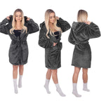 Halat de baie pentru femei pana la genunchi, cu gluga, marimea L/XL, gri inchis