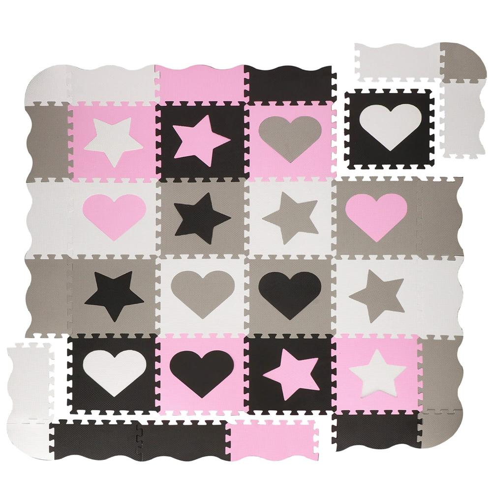 Covor din spuma pentru copii, tip puzzle forme, 52 piese, termoizolant, 150x150 cm, gri roz