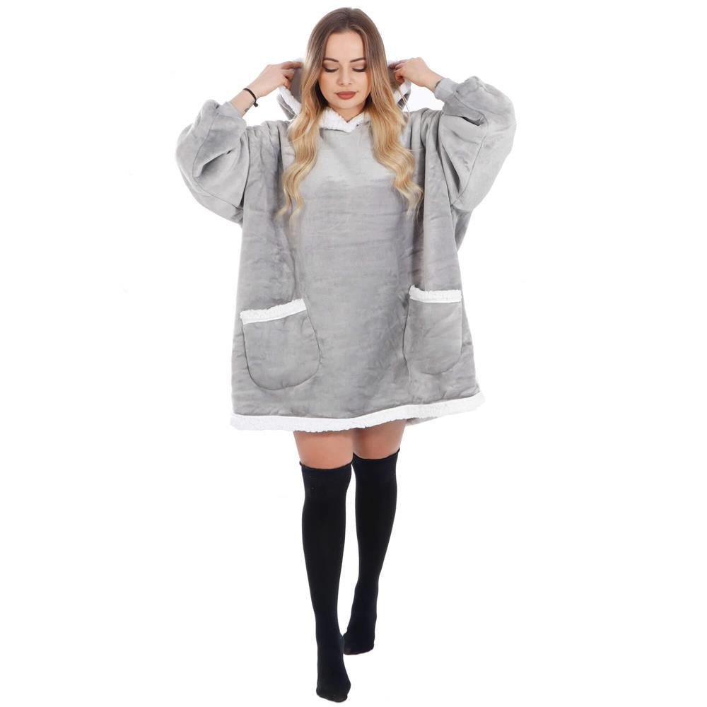 Patura tip hanorac, cu maneci, gluga si buzunare, material plus, marime universala, gri